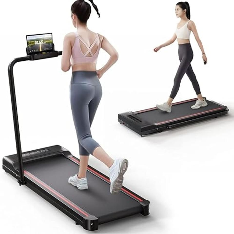 Two pictures of a woman using the Sperax 3-In-1 Folding Treadmill to walk and to run.
