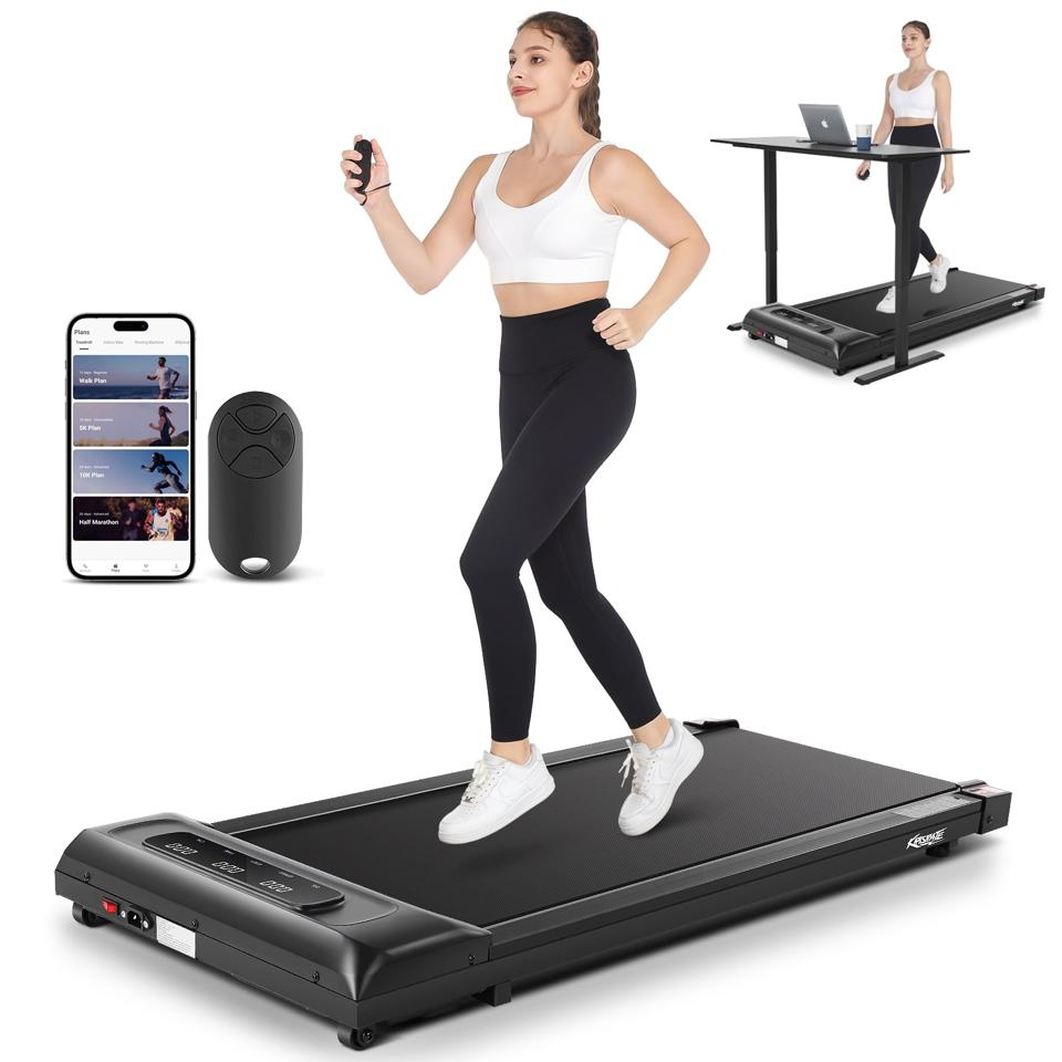 Two pictures of woman using a FUNMILY Walking Pad jogging and at a standing desk.