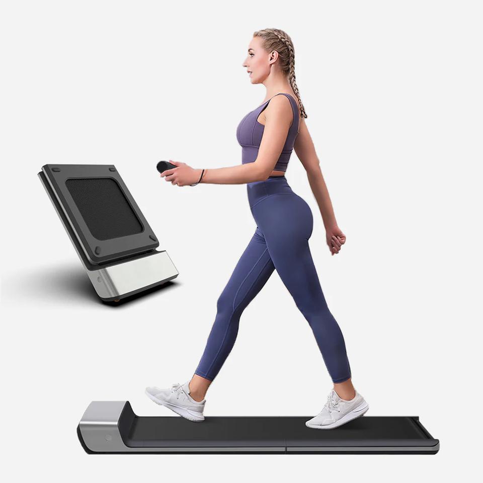 Woman walking on a WalkingPad P1 Folding Treadmill and a pic of the treadmill folded.